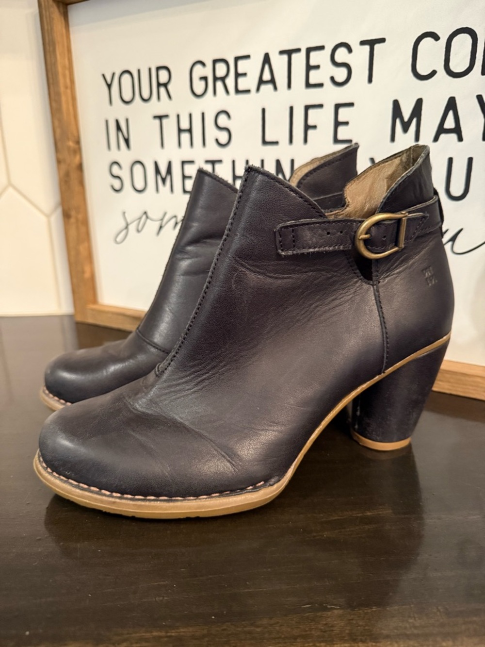 El Naturalista Black Leather Ankle Booties with Side Buckle